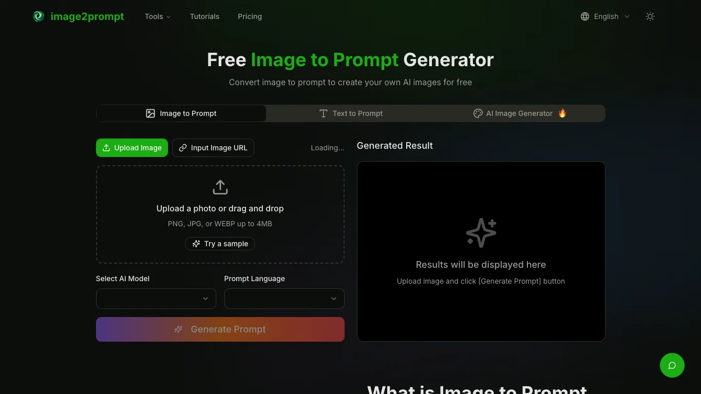 Image2Prompt official homepage screenshot