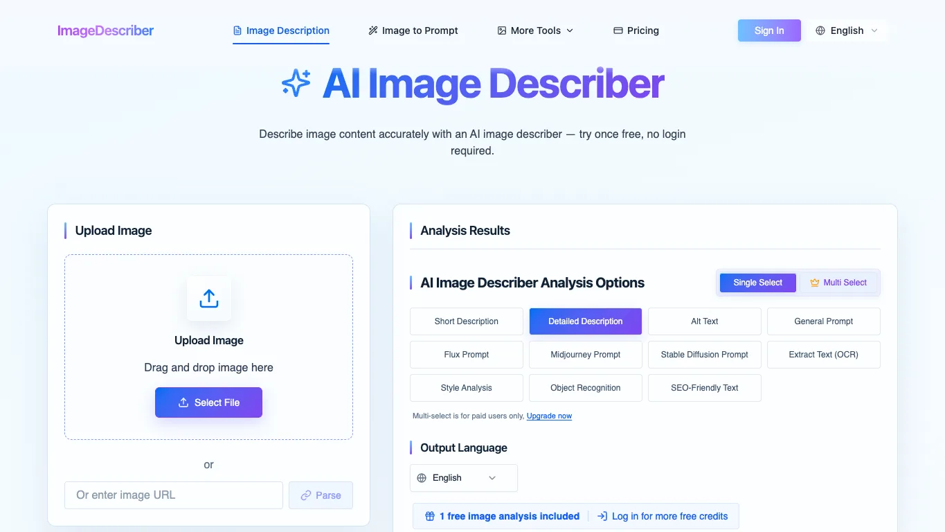 Image Describer official homepage screenshot