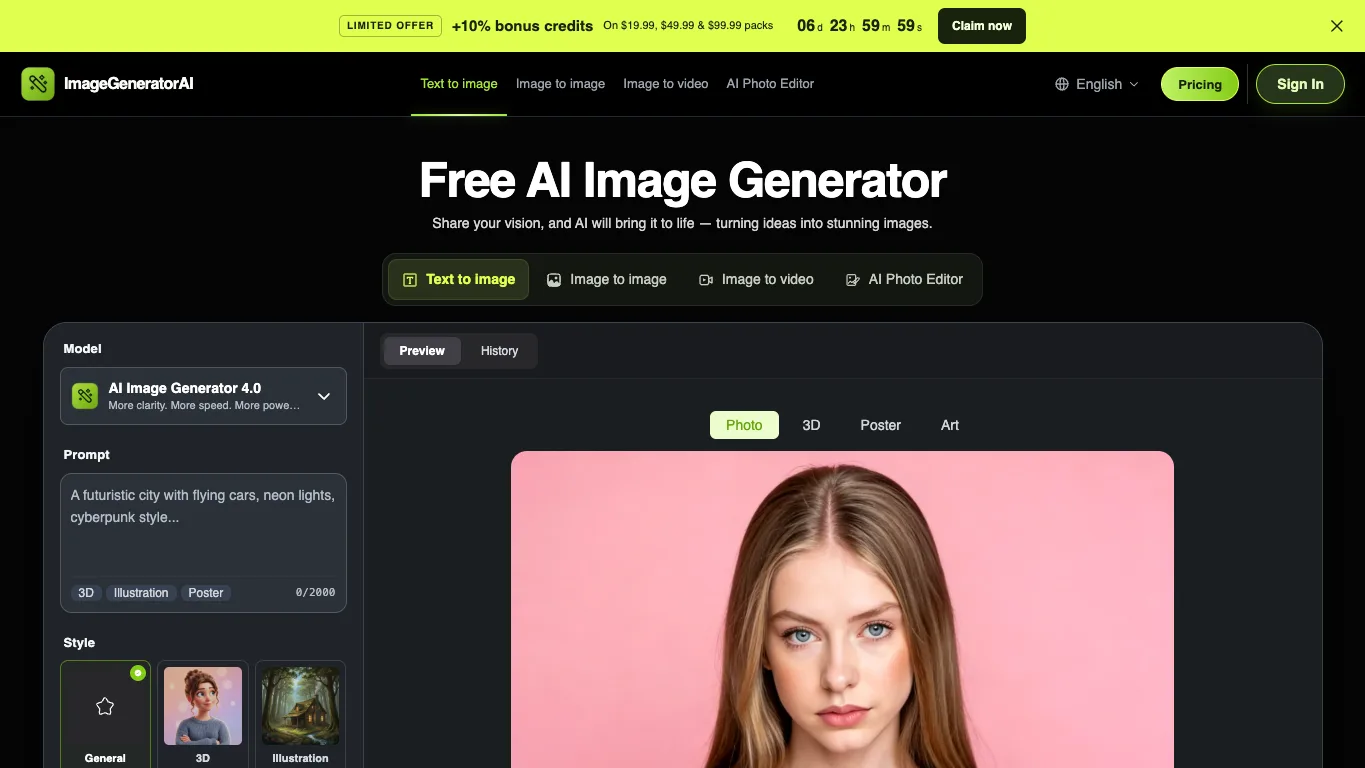 ImageGeneratorAI official homepage screenshot