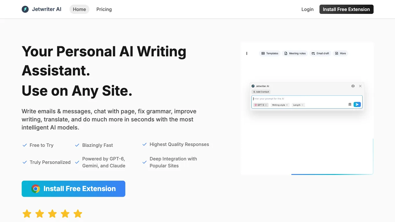 Jetwriter AI official homepage screenshot