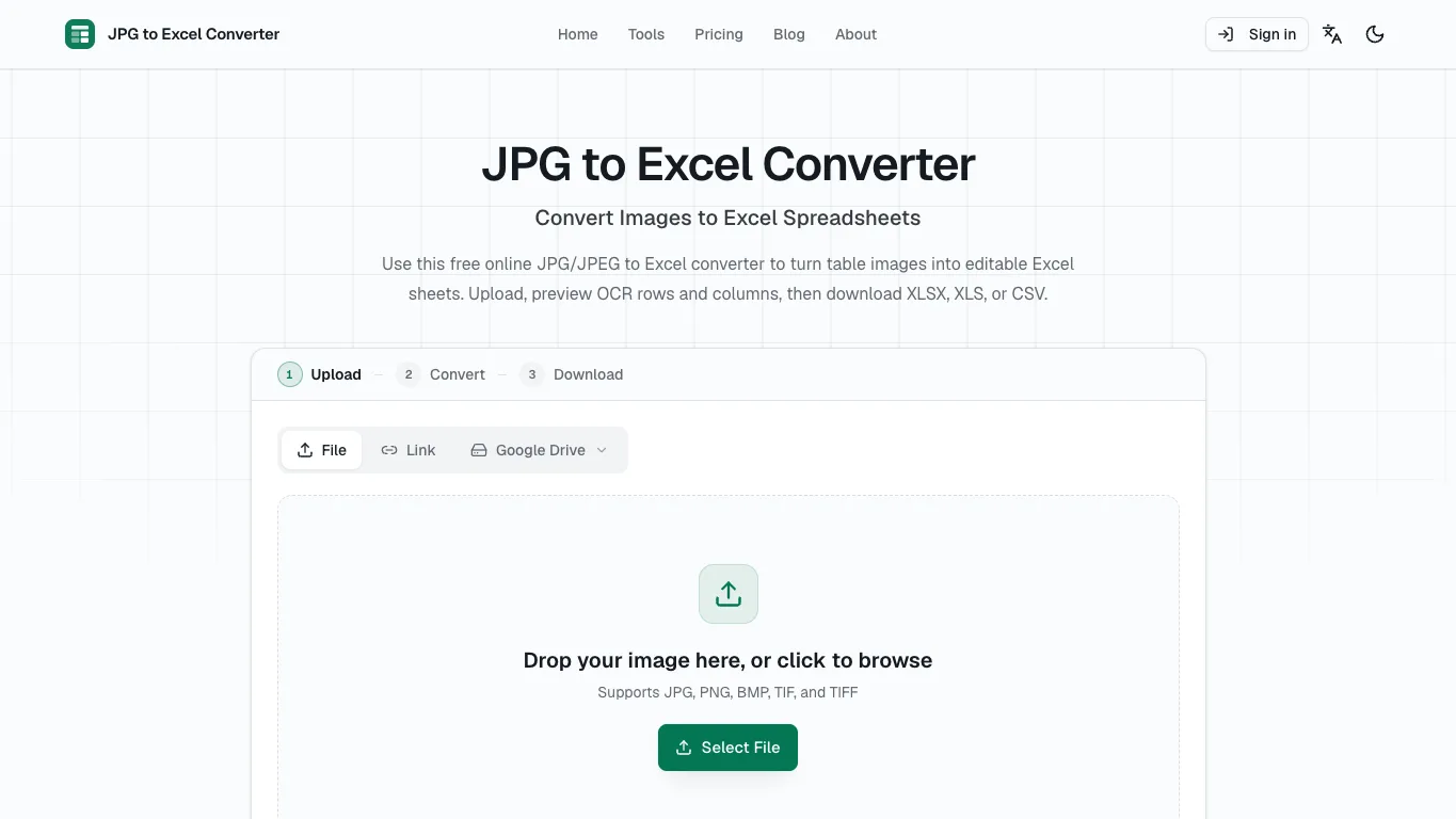 JPG to Excel Converter official homepage screenshot