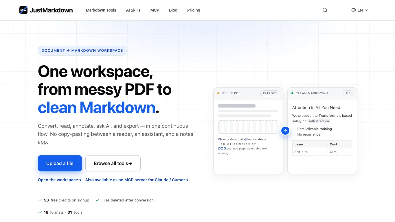 Markdown AI Workspace official homepage screenshot