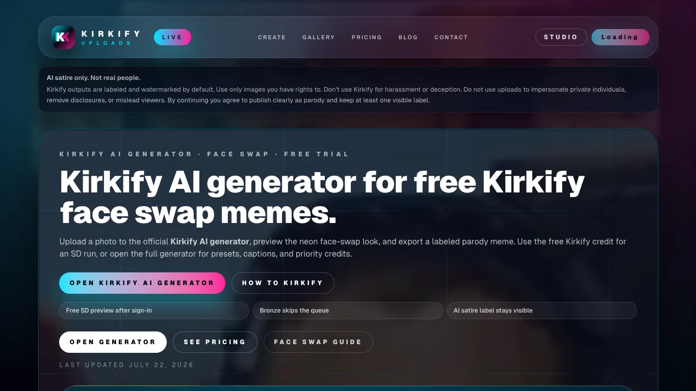 Kirkify AI official homepage screenshot