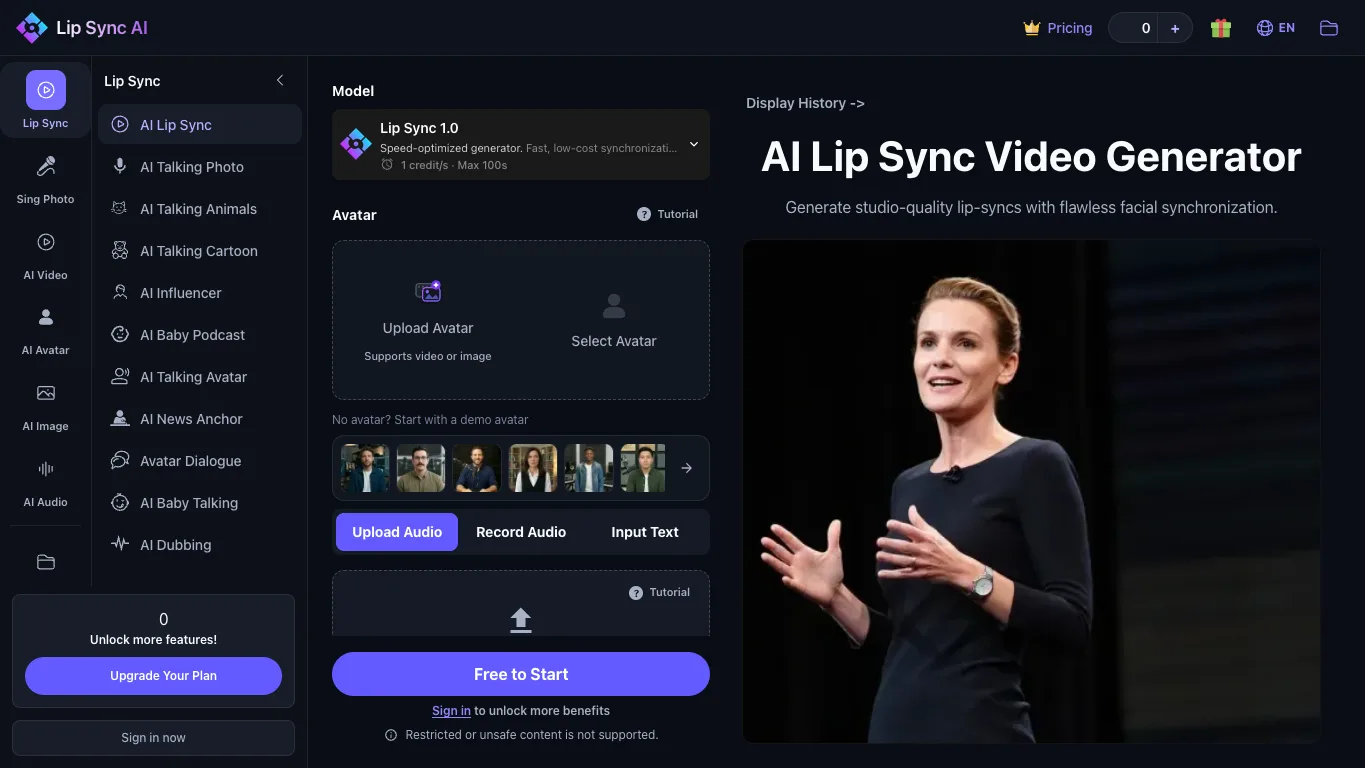Lip Sync AI official homepage screenshot