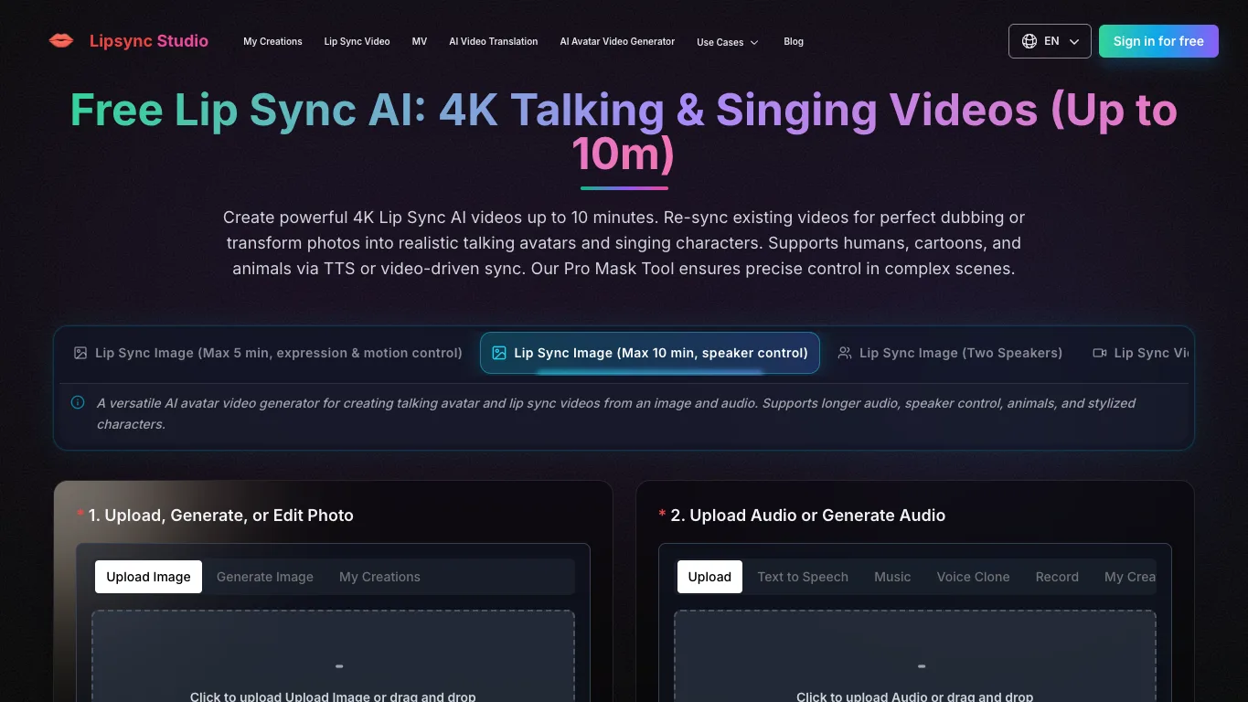 Lip Sync Studio official homepage screenshot