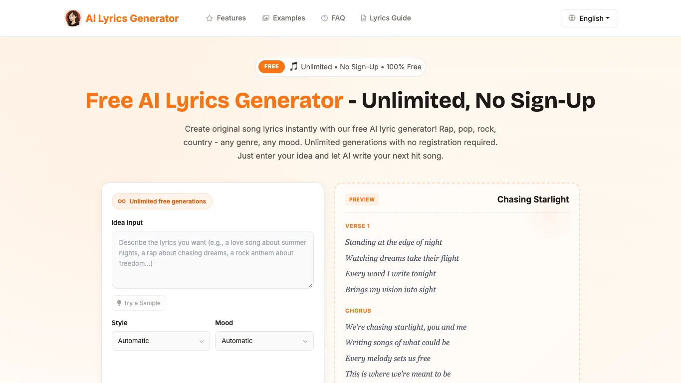 Lyrics Generator official homepage screenshot