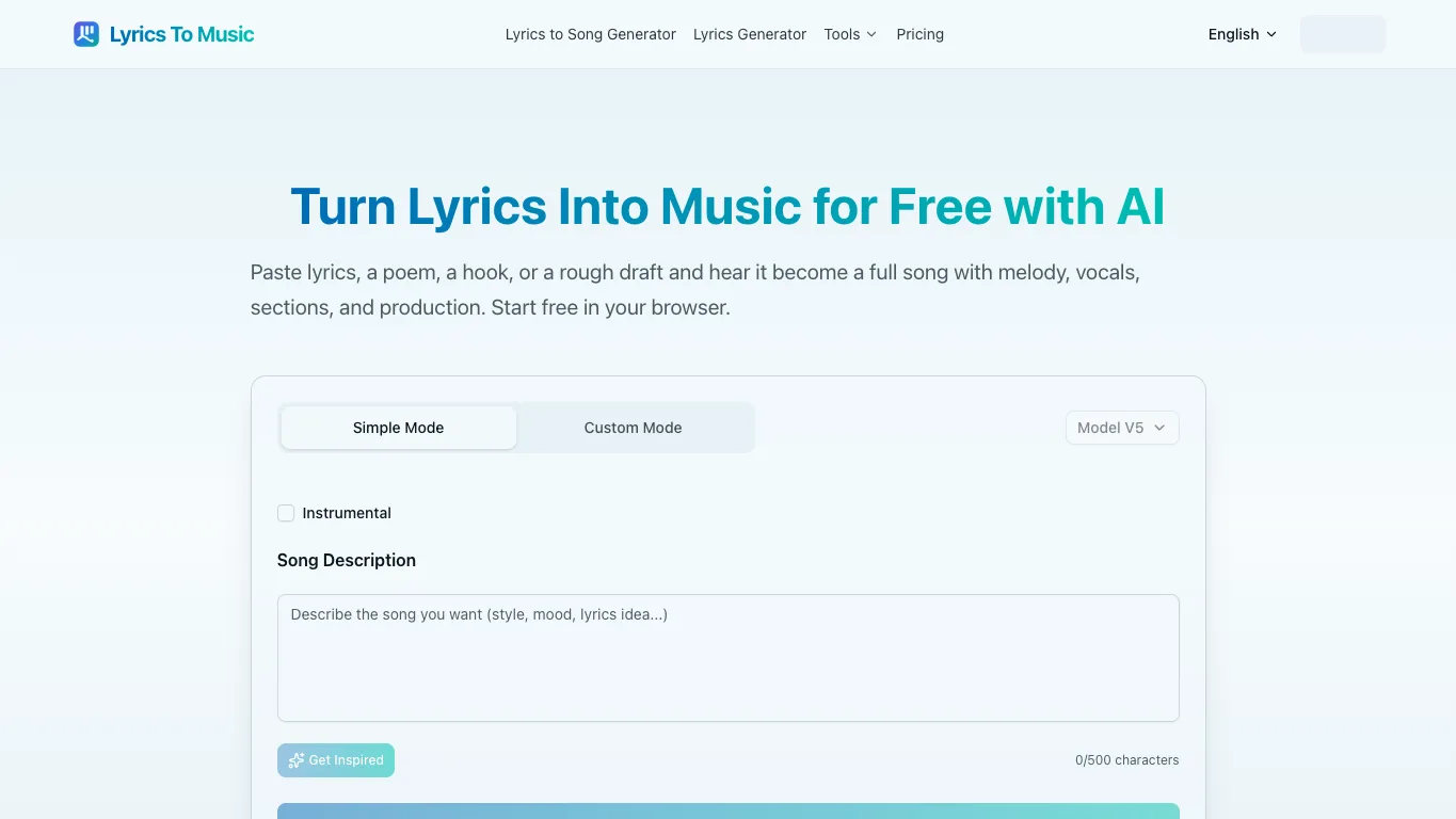 Lyrics to Music AI official homepage screenshot