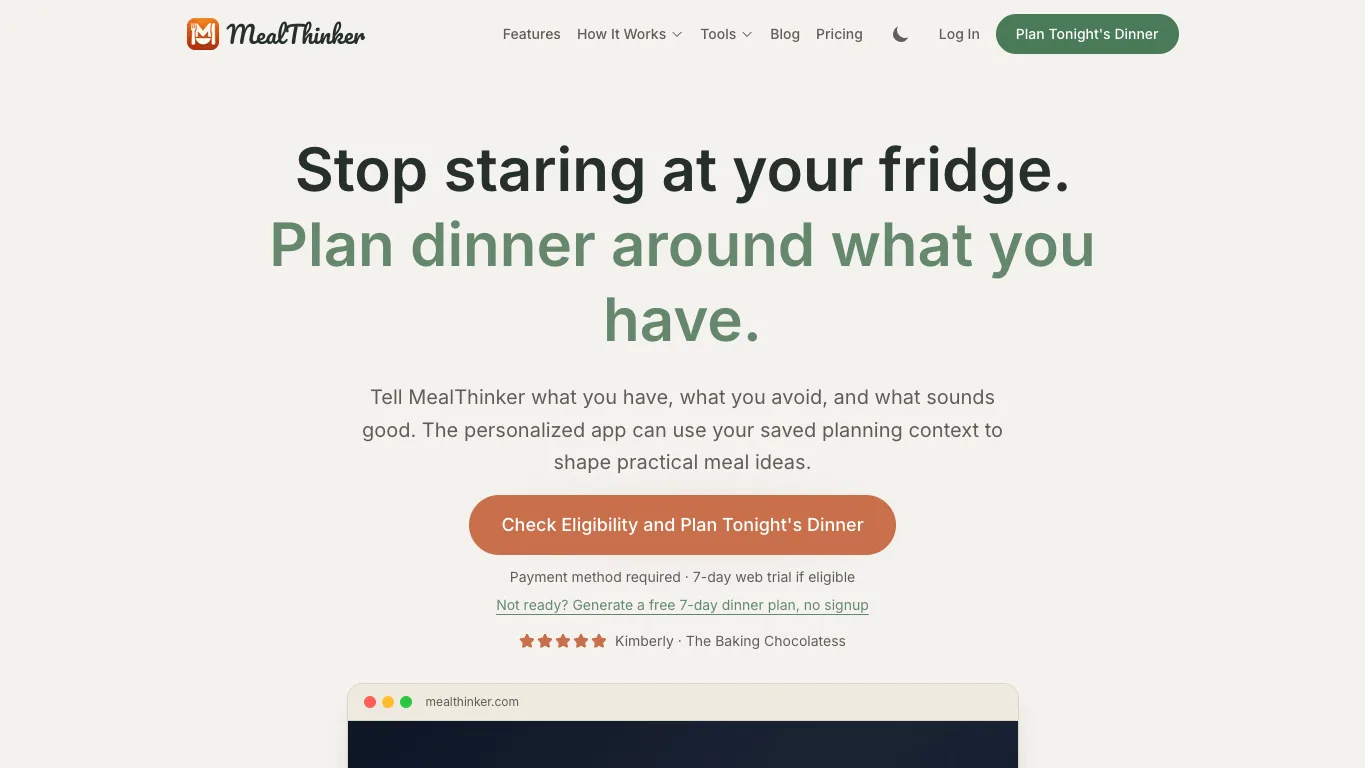 MealThinker official homepage screenshot