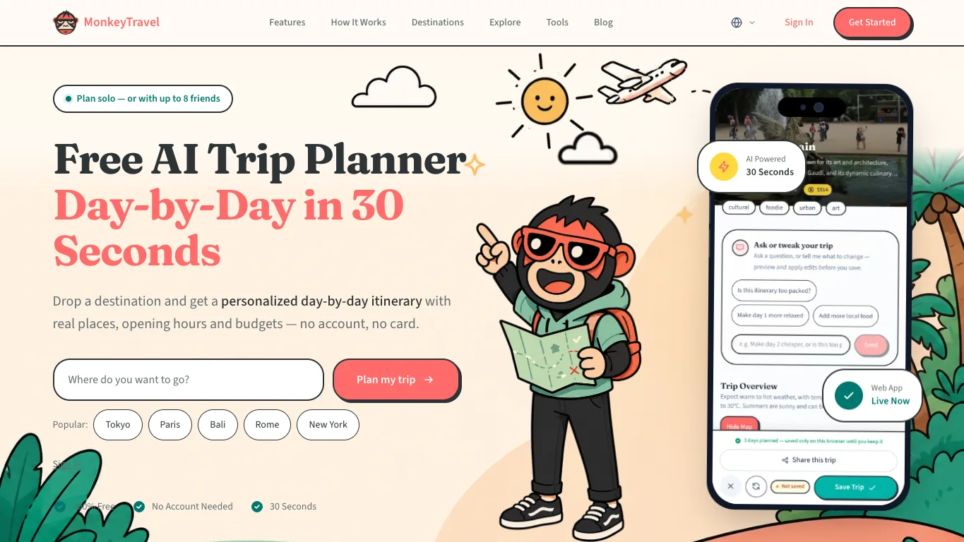 MonkeyTravel official homepage screenshot