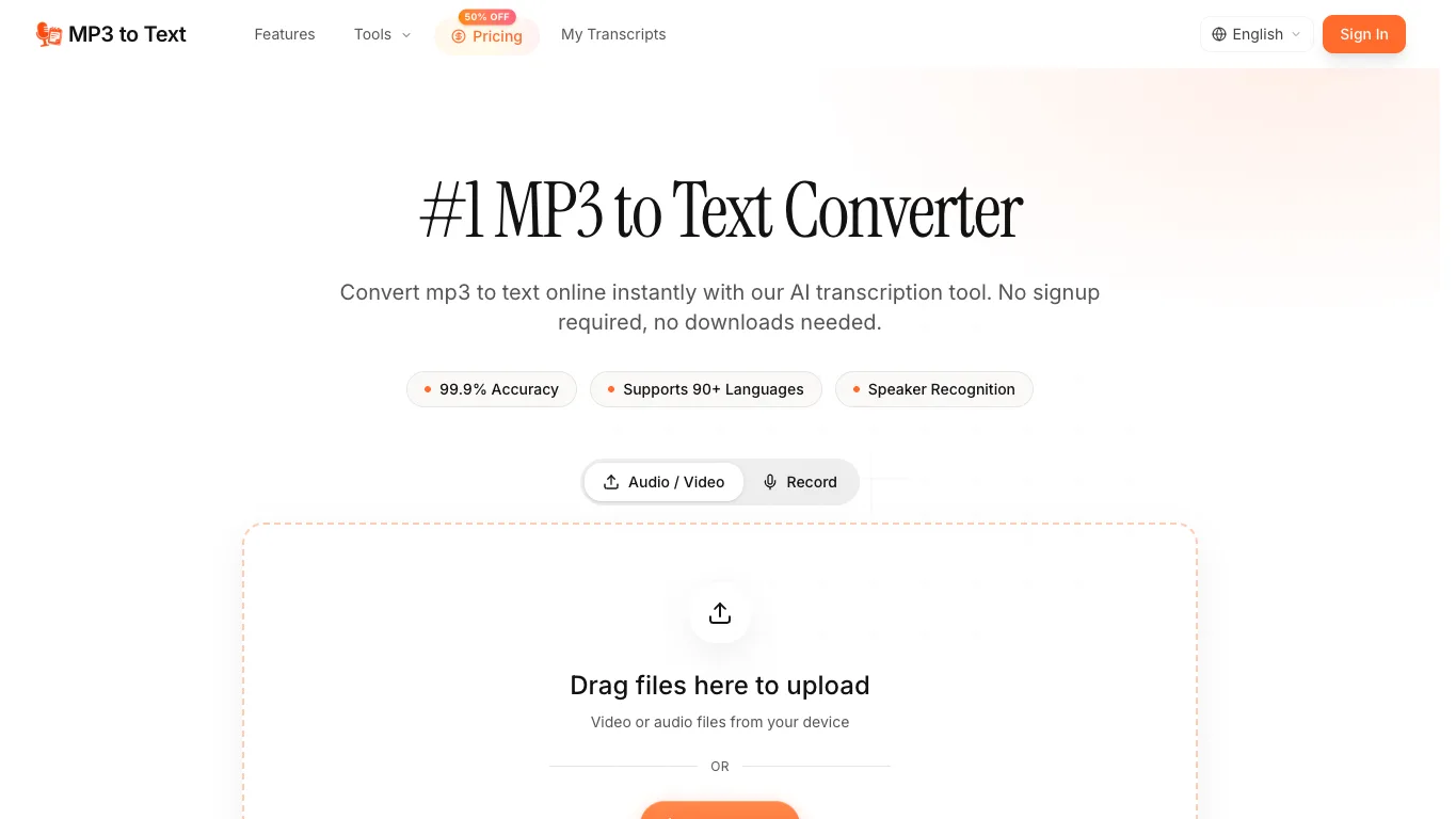 MP3 to Text official homepage screenshot