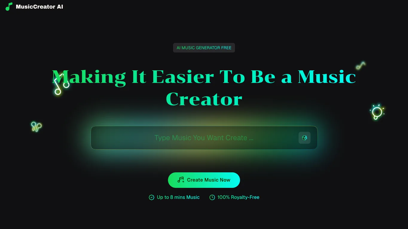 MusicCreator AI official homepage screenshot