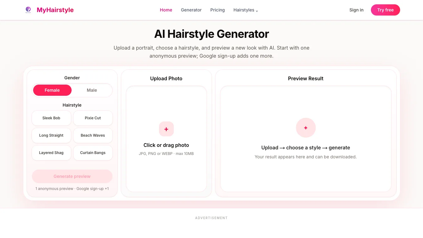 MyHairstyle AI official homepage screenshot