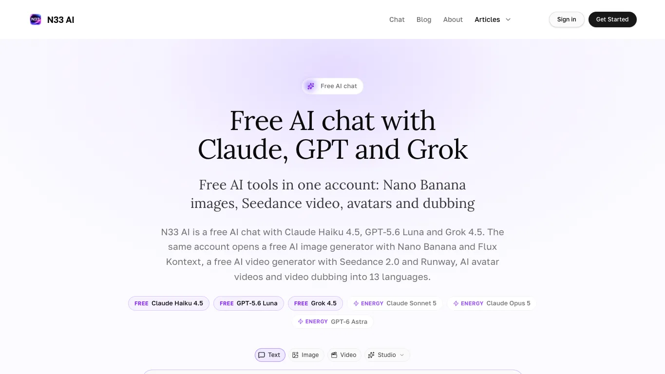 N33 AI official homepage screenshot