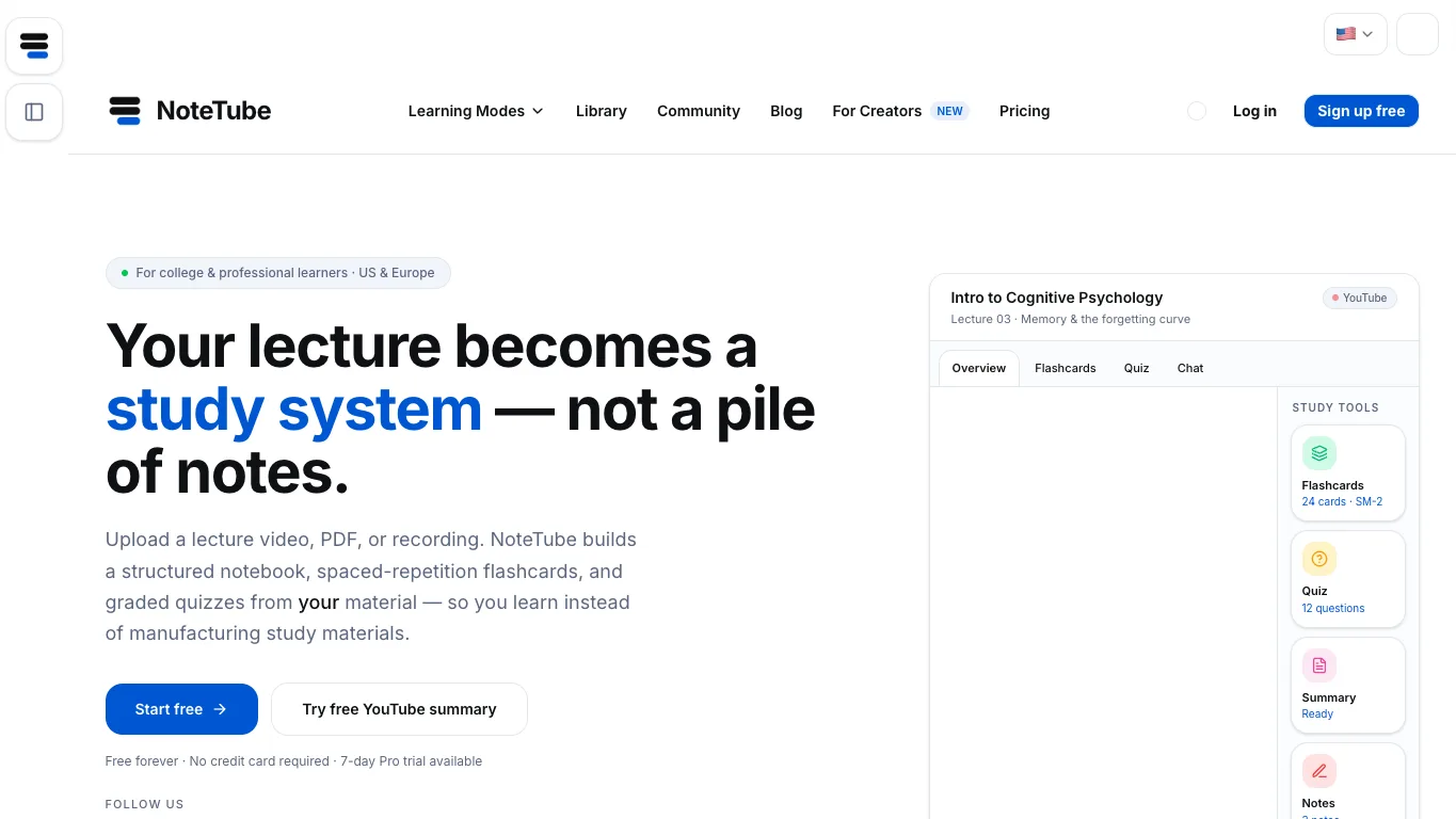 NoteTube official homepage screenshot