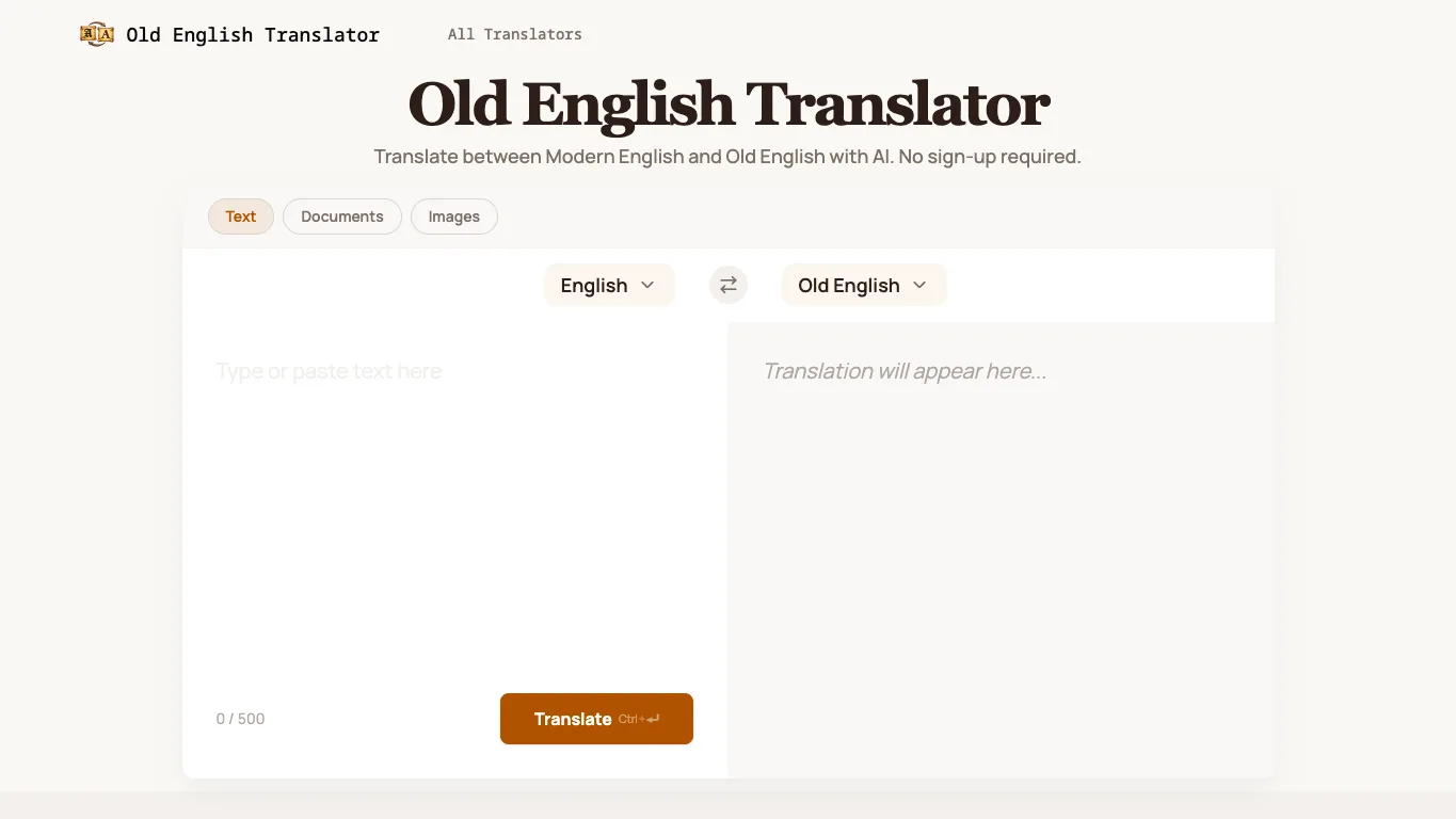 Old English Translator official homepage screenshot