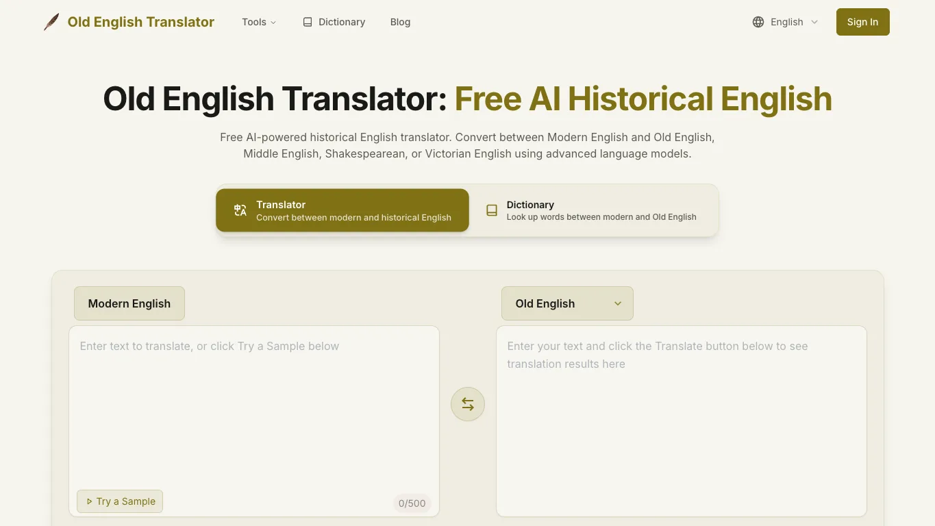 Old English Translator official homepage screenshot