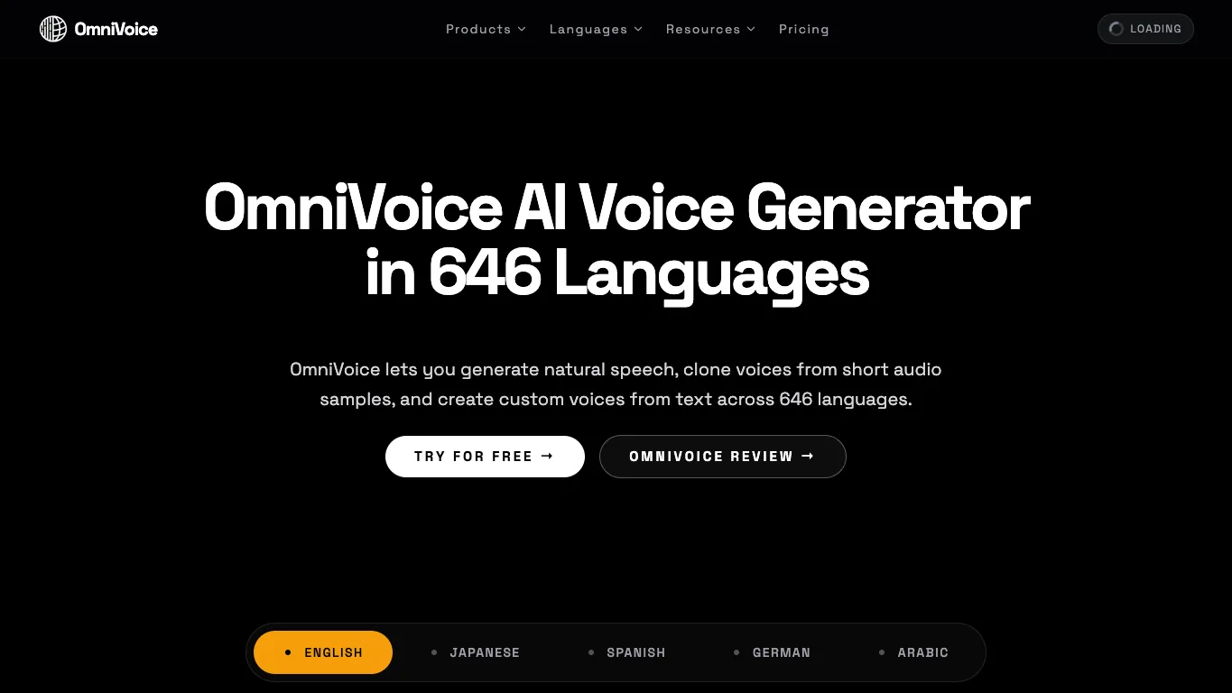 OmniVoice official homepage screenshot