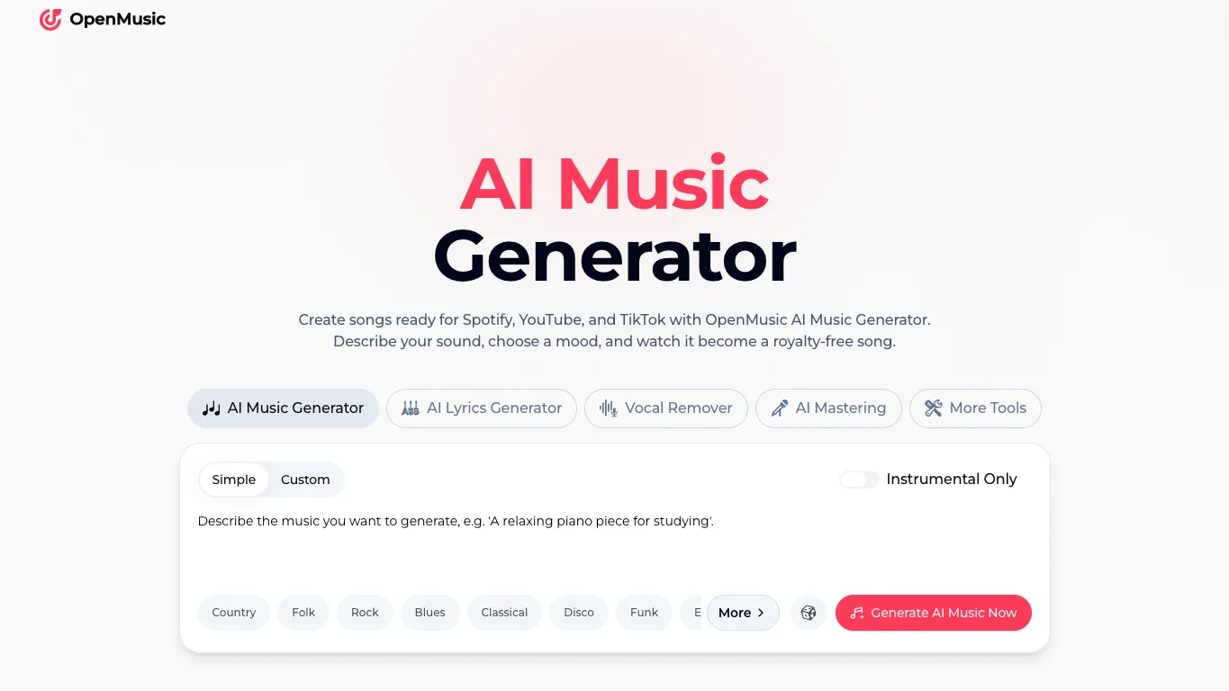 OpenMusic AI official homepage screenshot