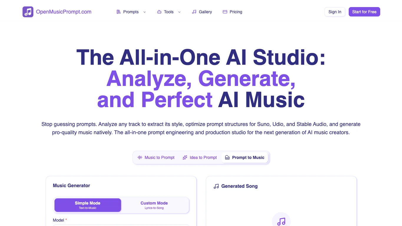 OpenMusicPrompt official homepage screenshot