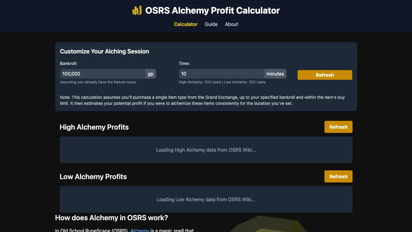 OSRS Alchemy official homepage screenshot