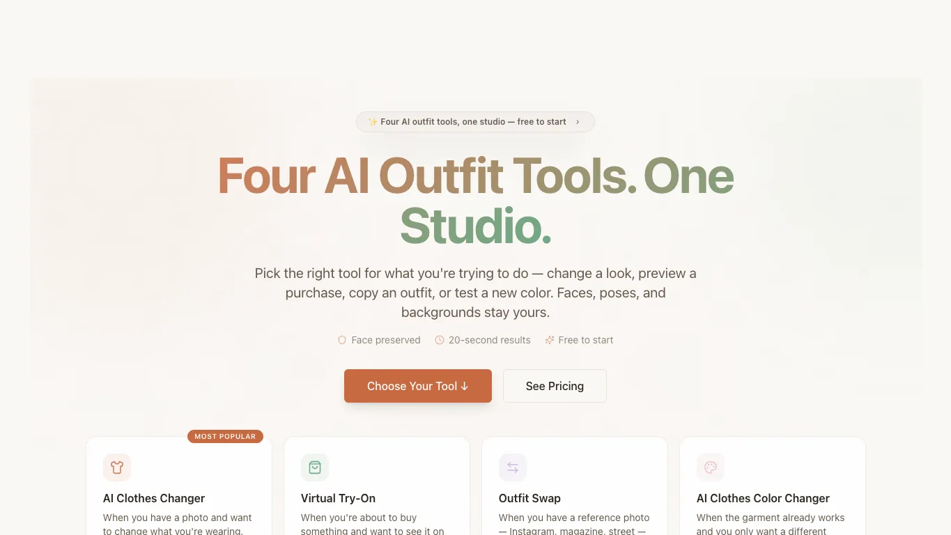 OutfitSwap Studio official homepage screenshot