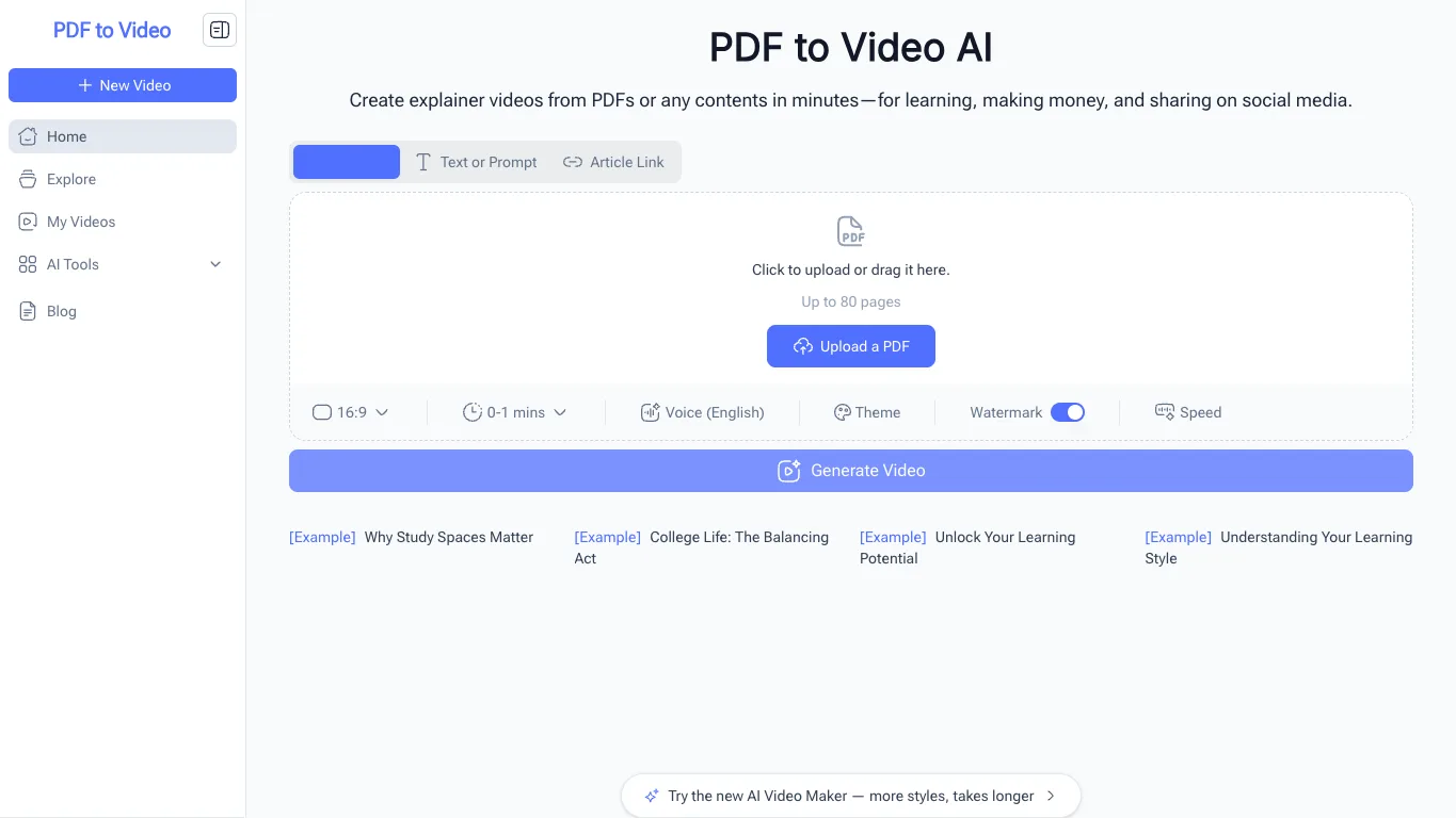 PDF to Video AI official homepage screenshot