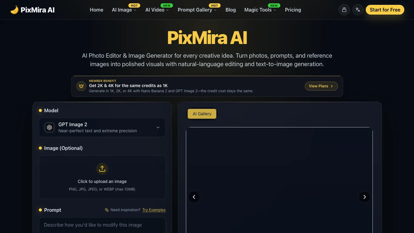 PixMira AI official homepage screenshot