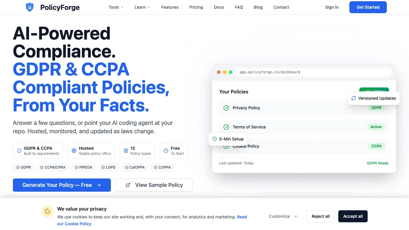 PolicyForge official homepage screenshot