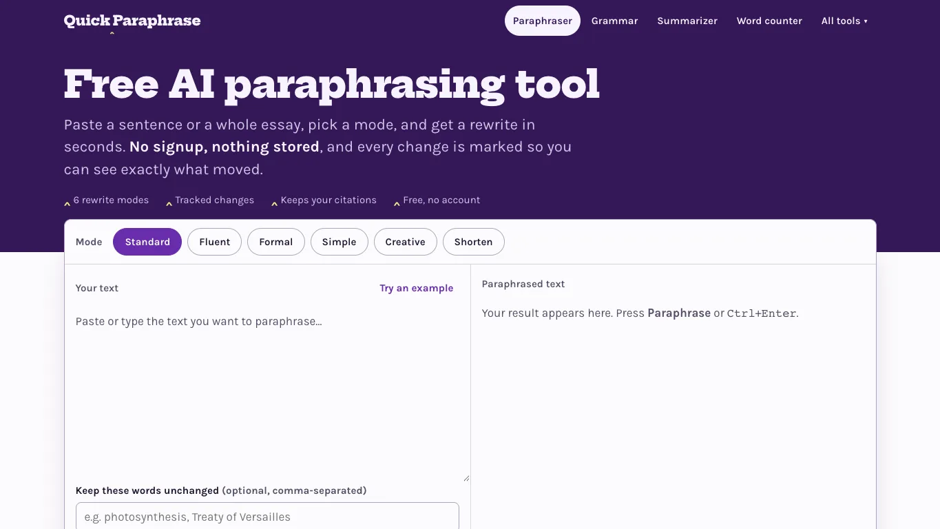 QuickParaphrase official homepage screenshot