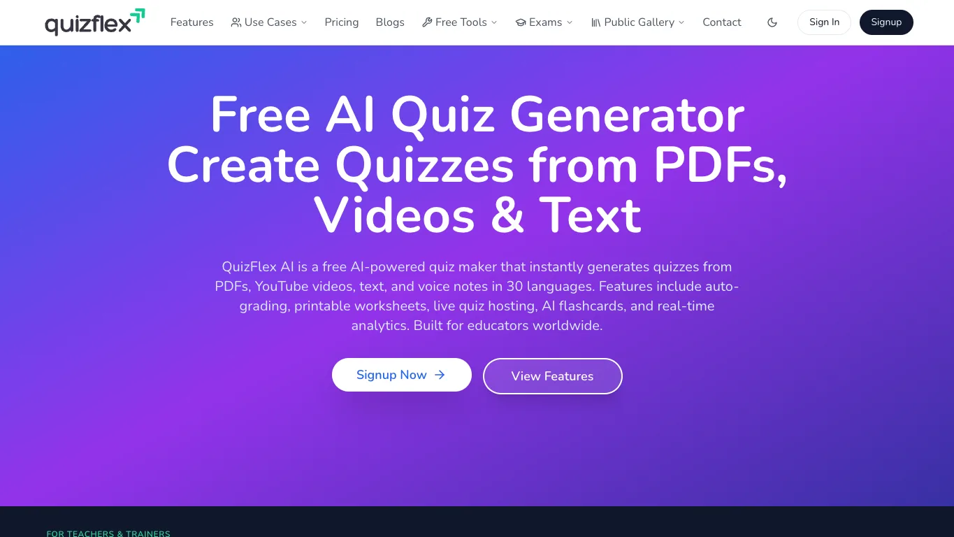 QuizFlex AI official homepage screenshot