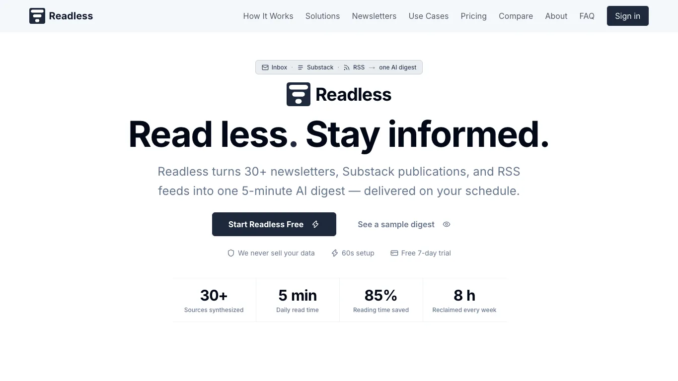 Readless official homepage screenshot