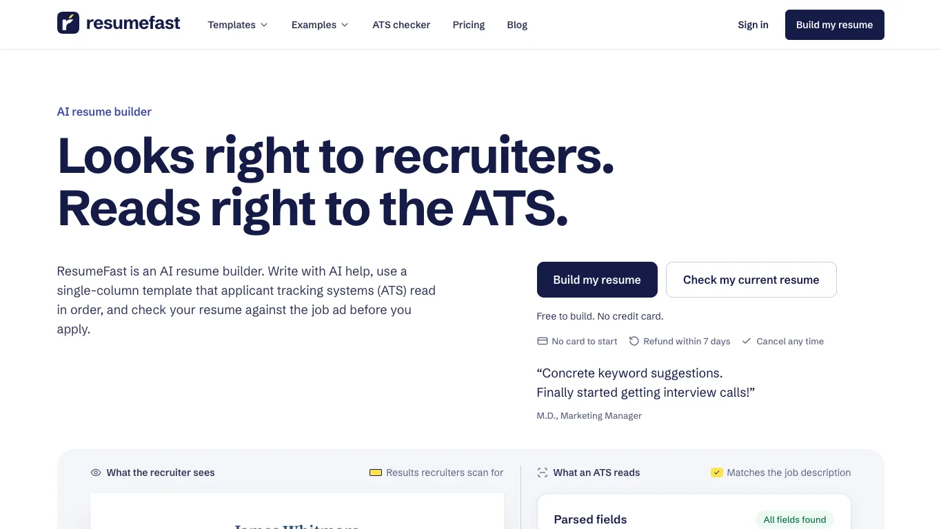 ResumeFast official homepage screenshot