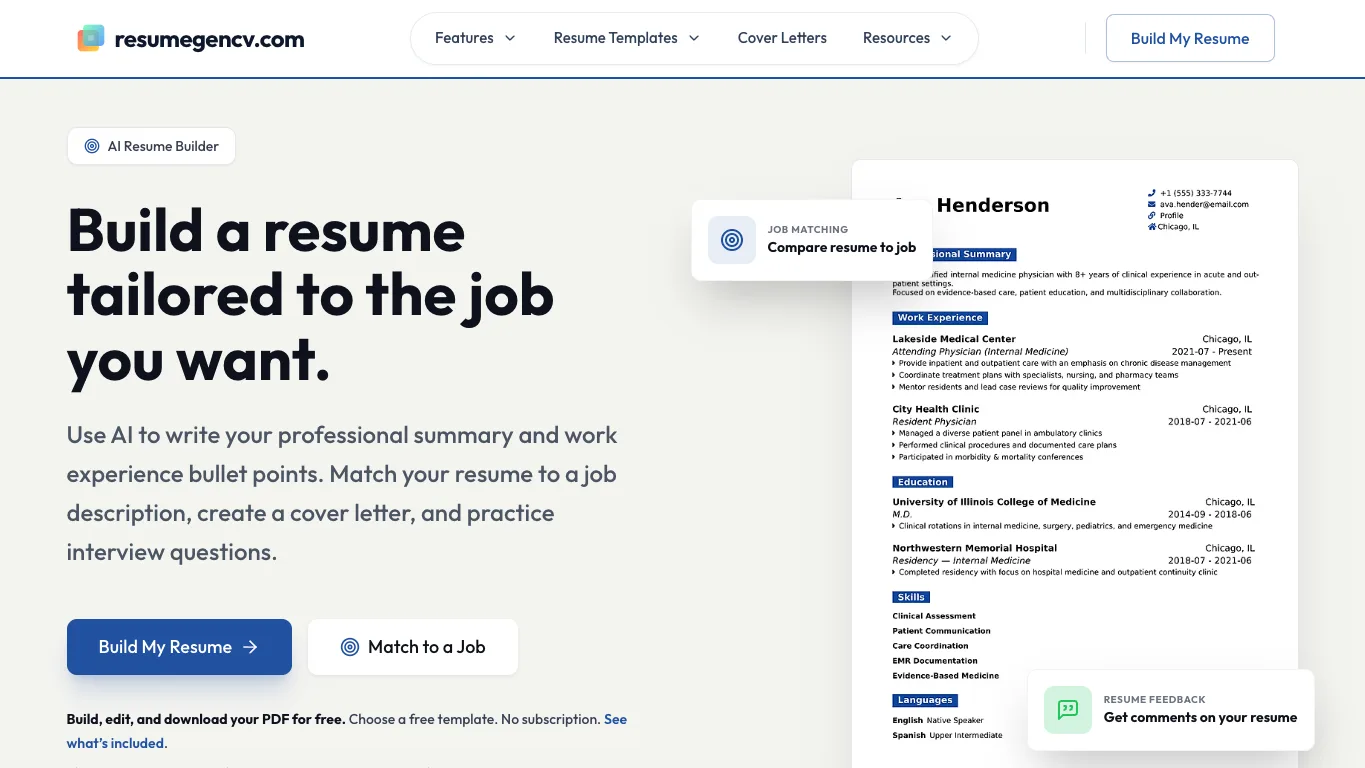 ResumeGenCV official homepage screenshot