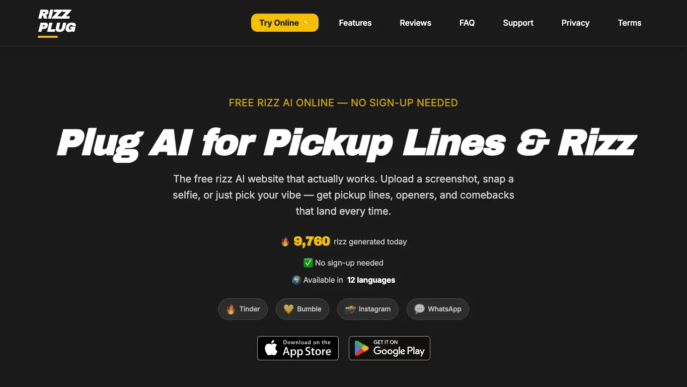 Rizz Plug AI official homepage screenshot