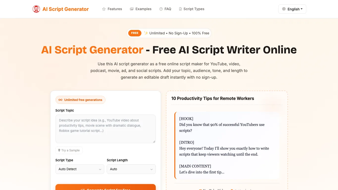 AI Script Generator official homepage screenshot