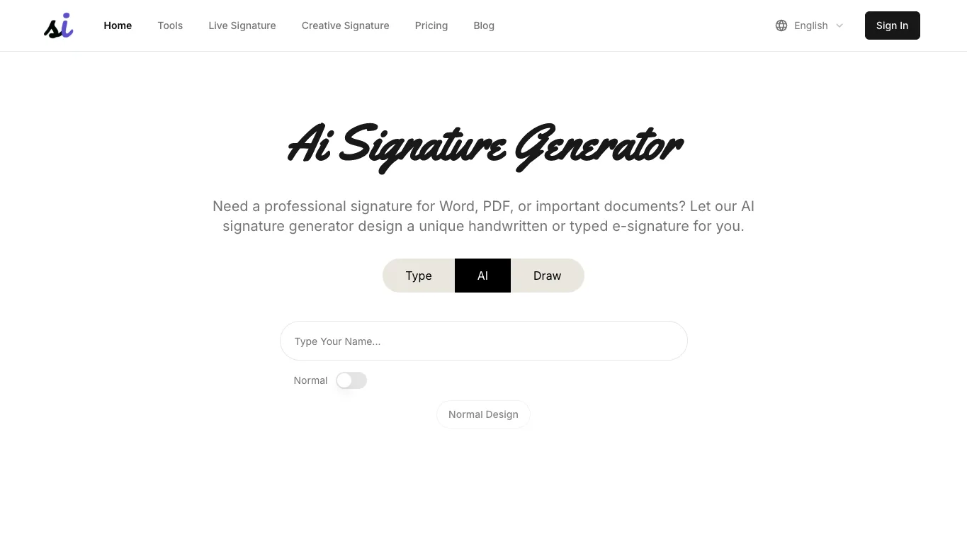 SignatureGen AI official homepage screenshot