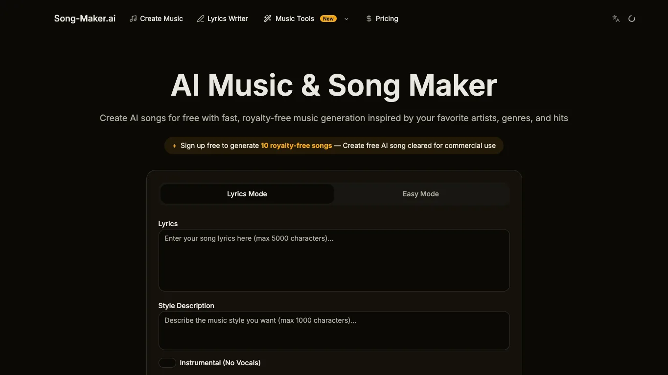 Song Maker AI official homepage screenshot