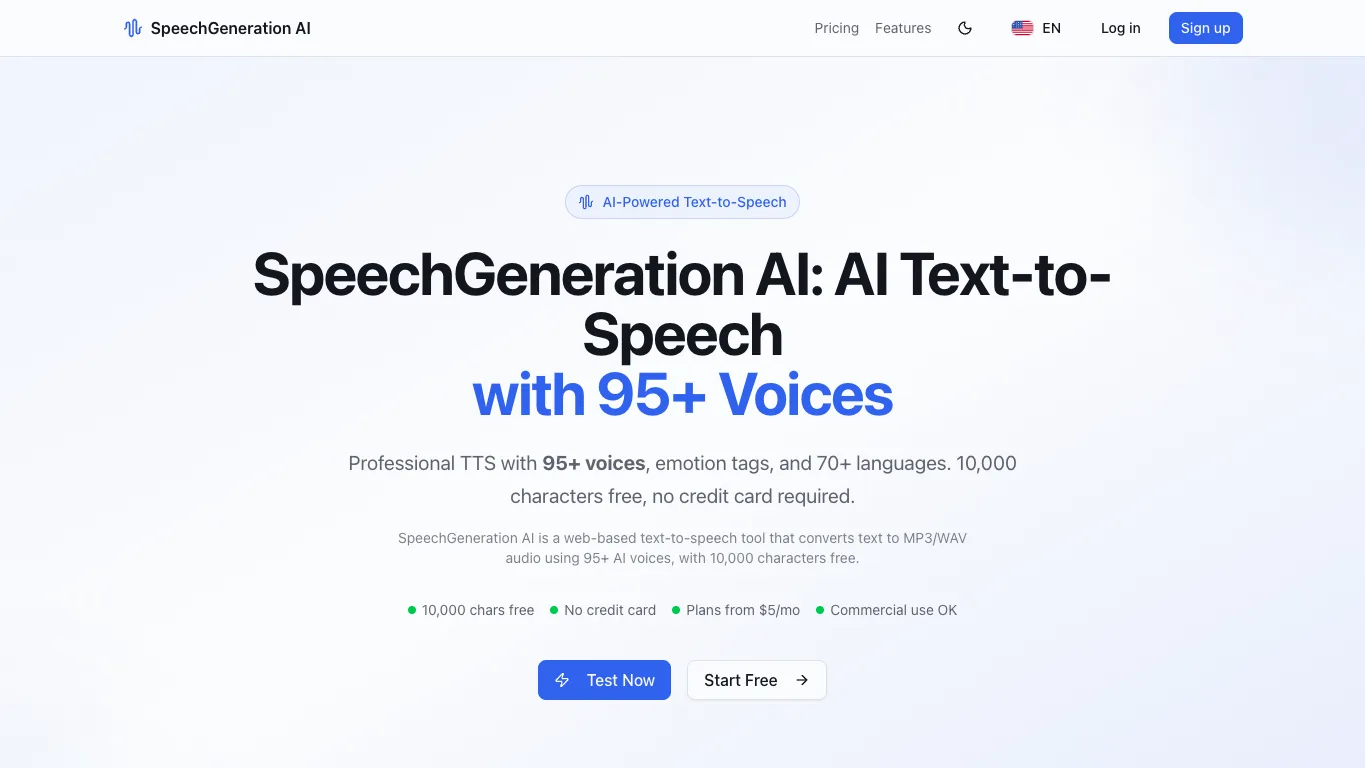 SpeechGeneration AI official homepage screenshot
