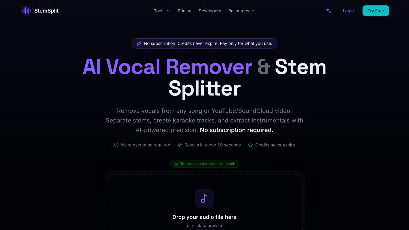 StemSplit official homepage screenshot