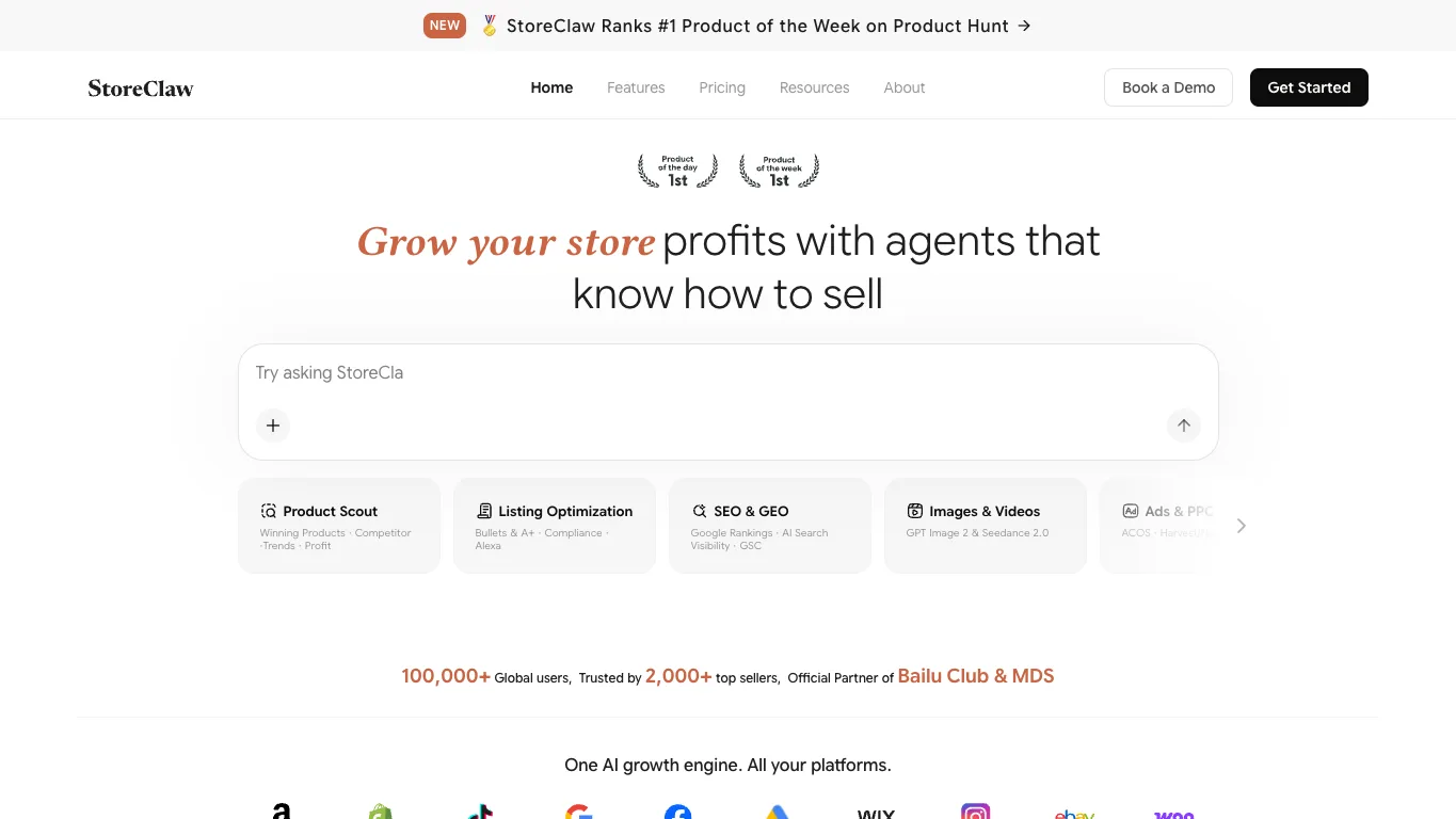 StoreClaw official homepage screenshot