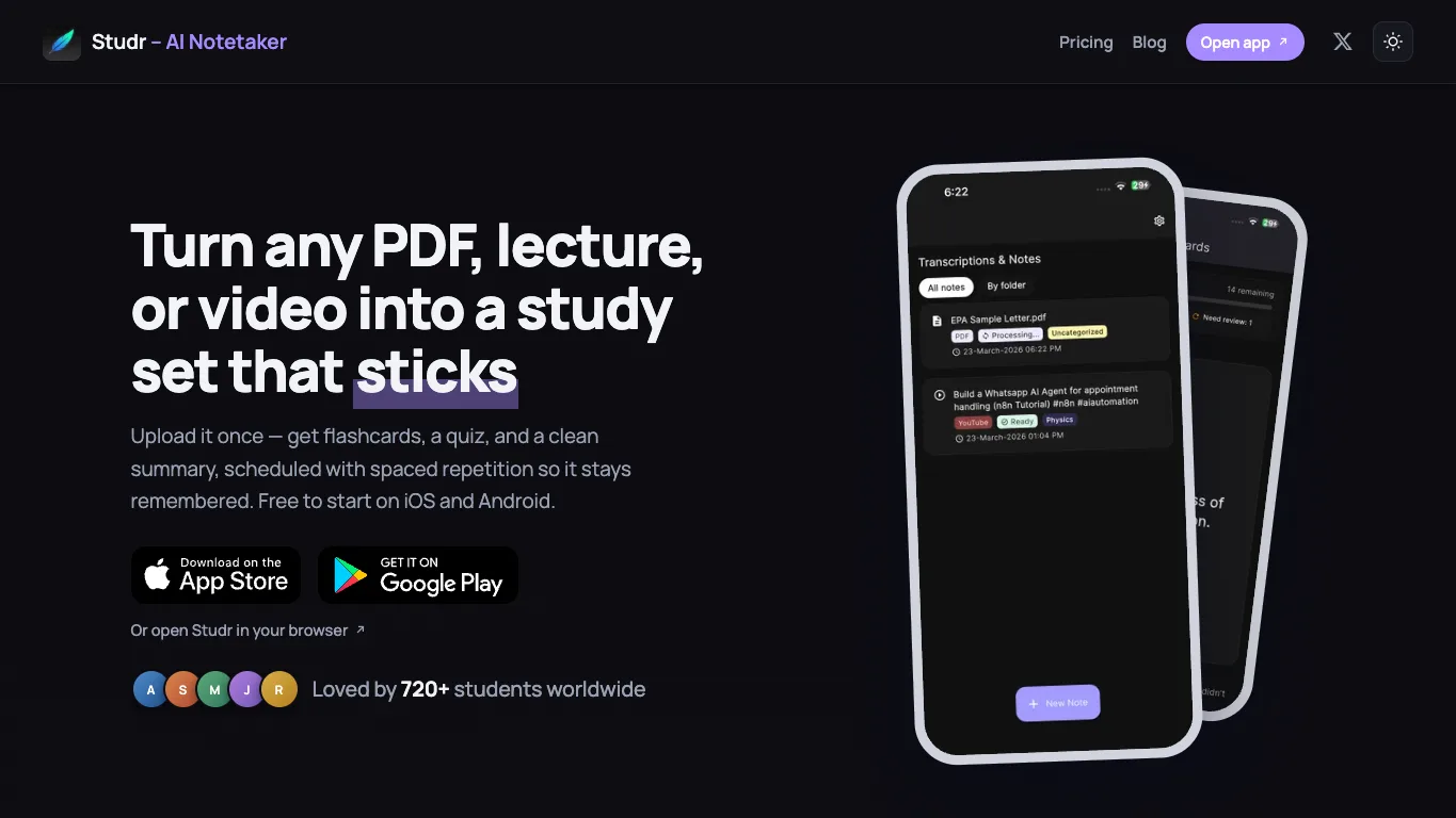 Studr official homepage screenshot