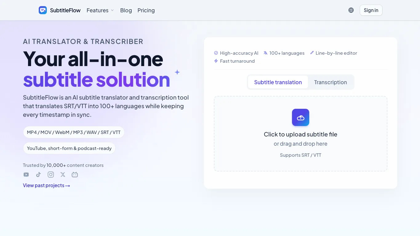 SubtitleFlow official homepage screenshot