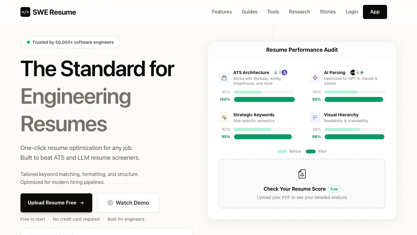 SWE Resume AI official homepage screenshot
