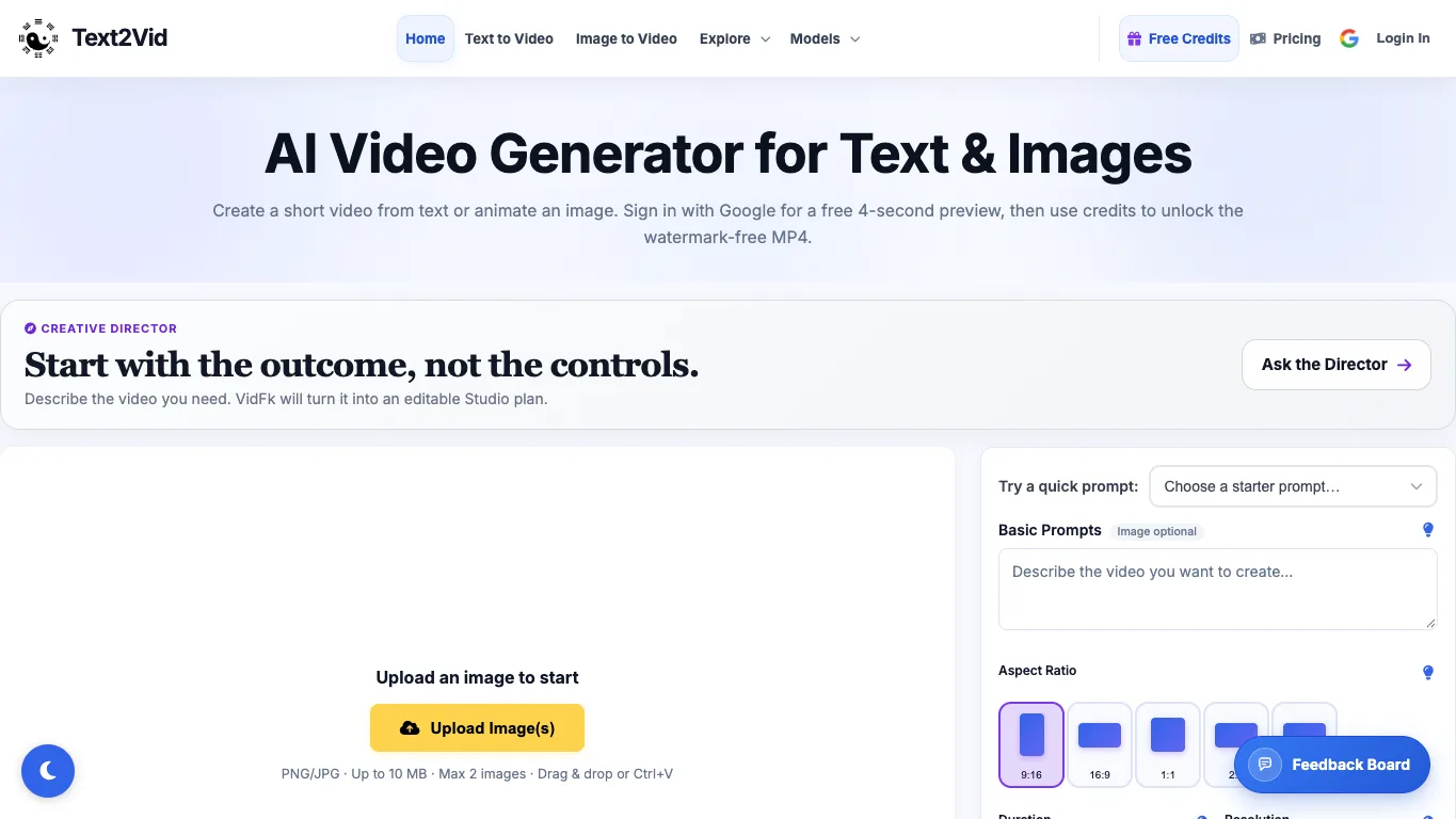 Text2Vid official homepage screenshot