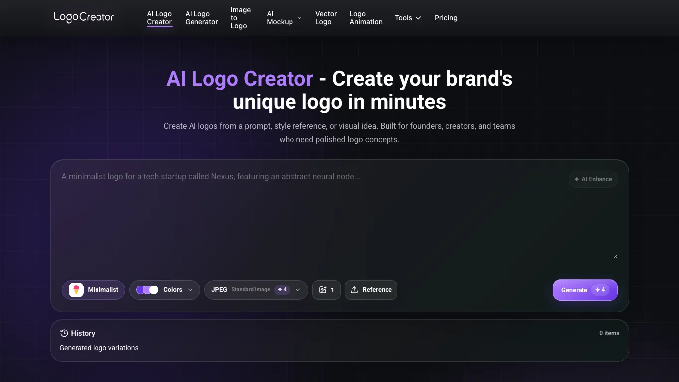 The Logo Creator official homepage screenshot