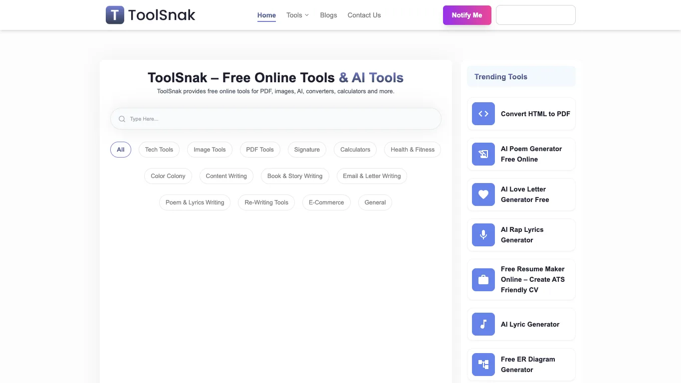 ToolSnak official homepage screenshot