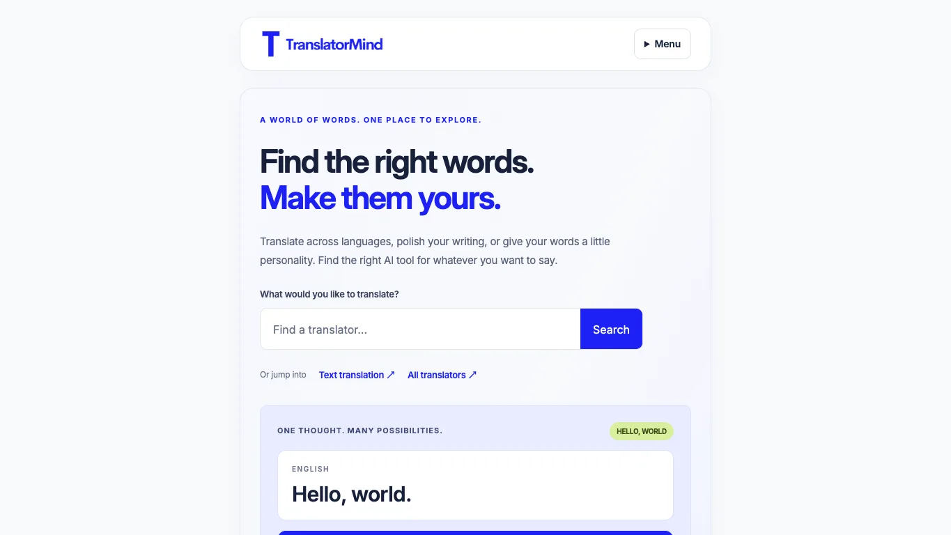 TranslatorMind official homepage screenshot