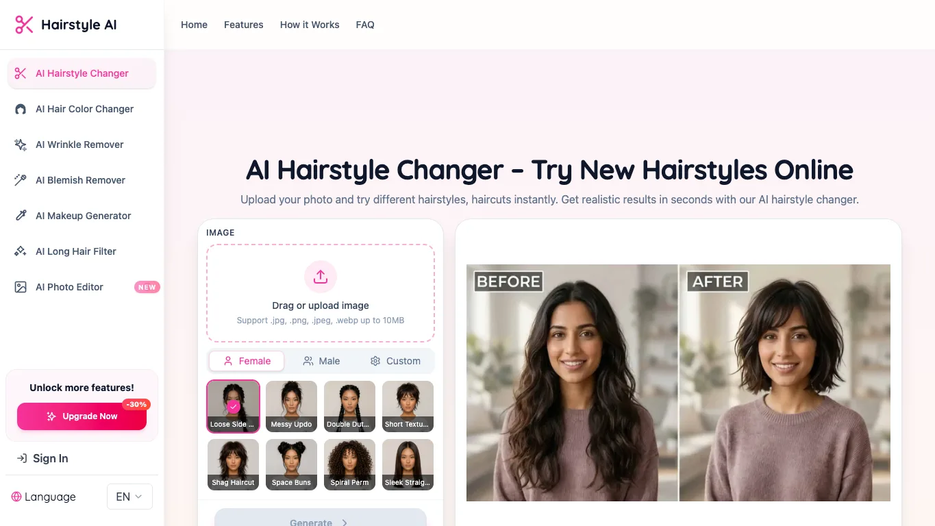 TryHairstyleAI official homepage screenshot