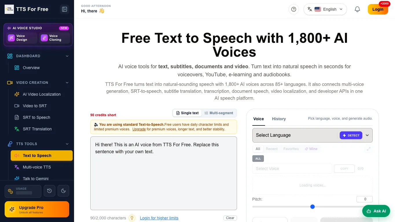 TTS For Free official homepage screenshot