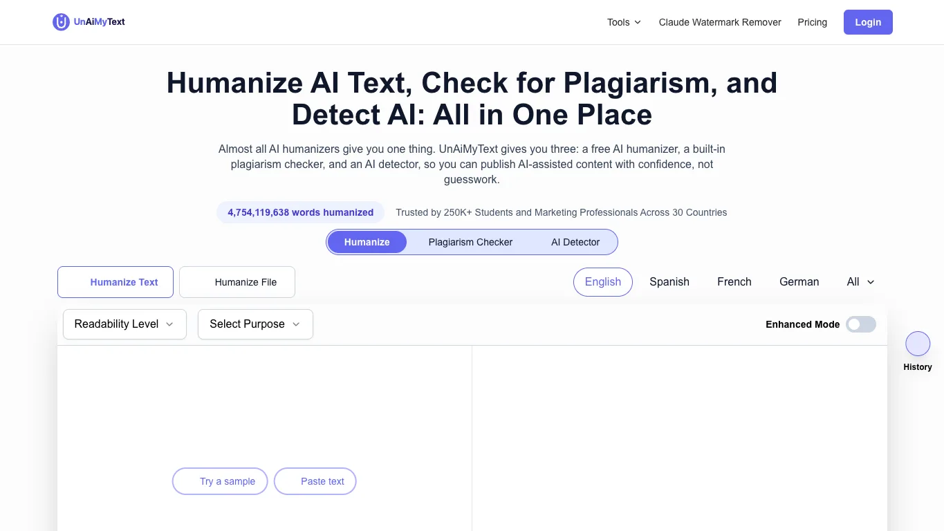 UnAiMyText.io official homepage screenshot